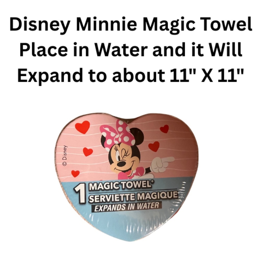 Disney Heart Minnie Magic Towel Expands to About 11" X 11" When Placed in Water